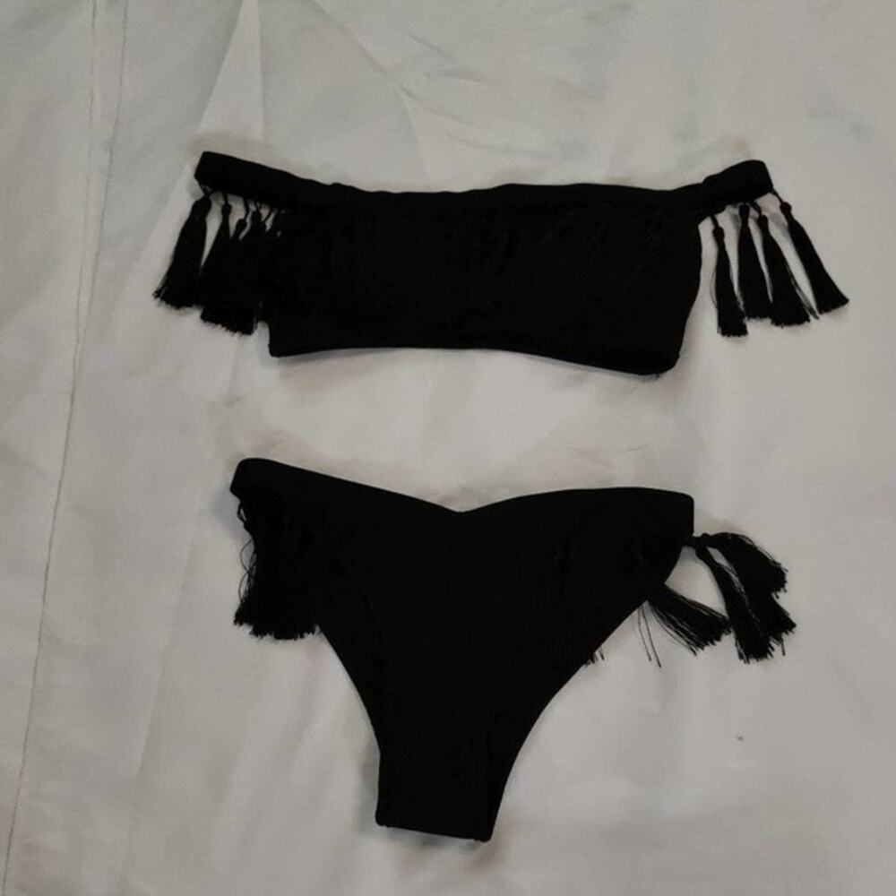 Black Off Shoulder Bikini Set S Tassel Fringe Swimwear Coquette Girl Boho NEW